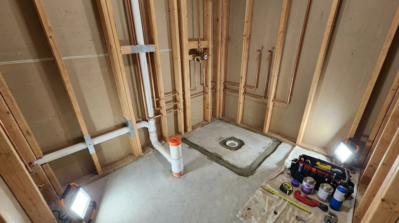 Bathroom rough-in plumbing during remodel by Johns Plumbing LLC in Granville