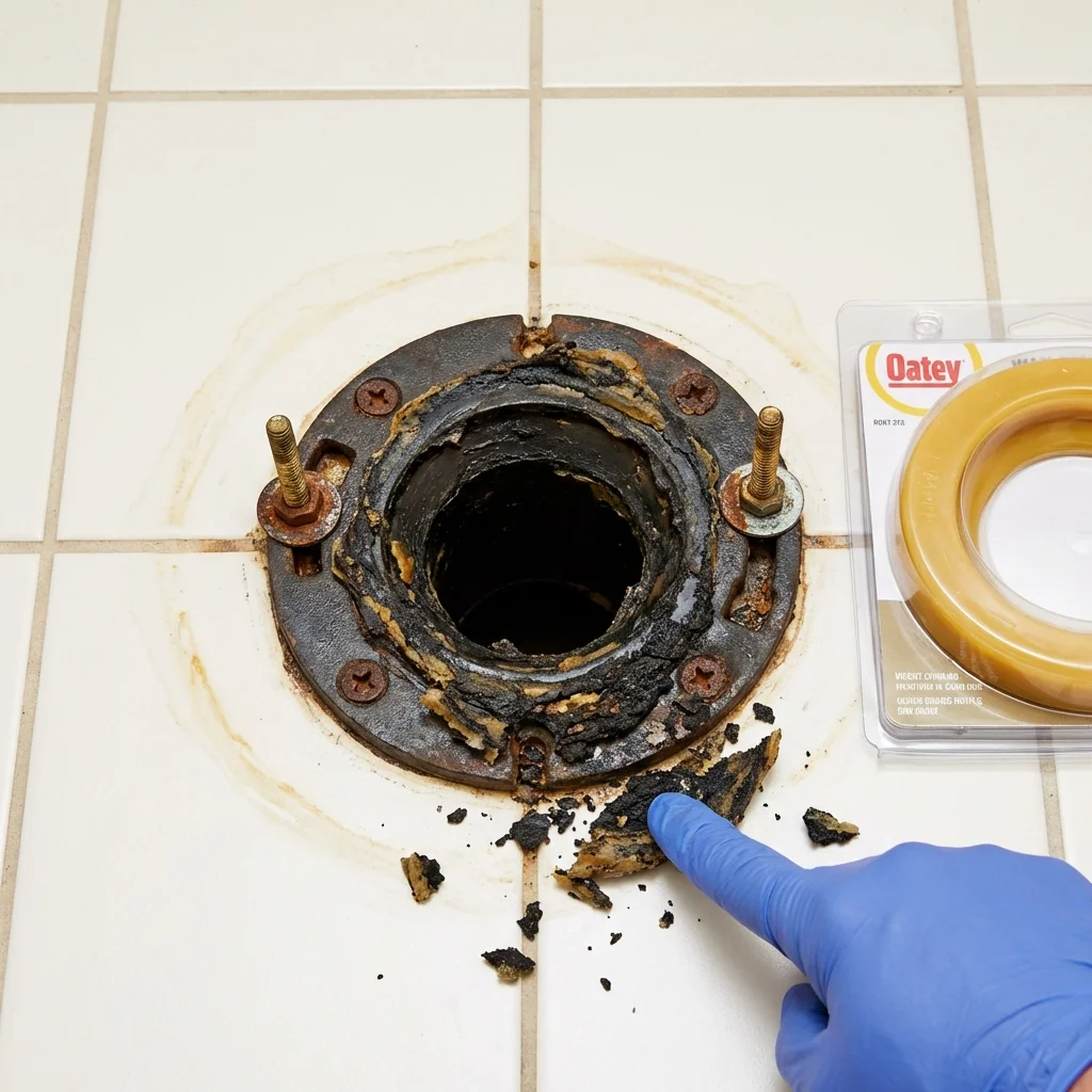 Failed wax ring showing water seepage at the base of a toilet in a Granville, IL home