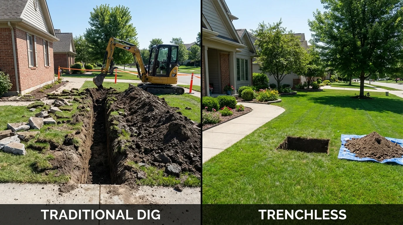 Trenchless sewer repair with minimal yard damage versus traditional excavation in Granville, IL